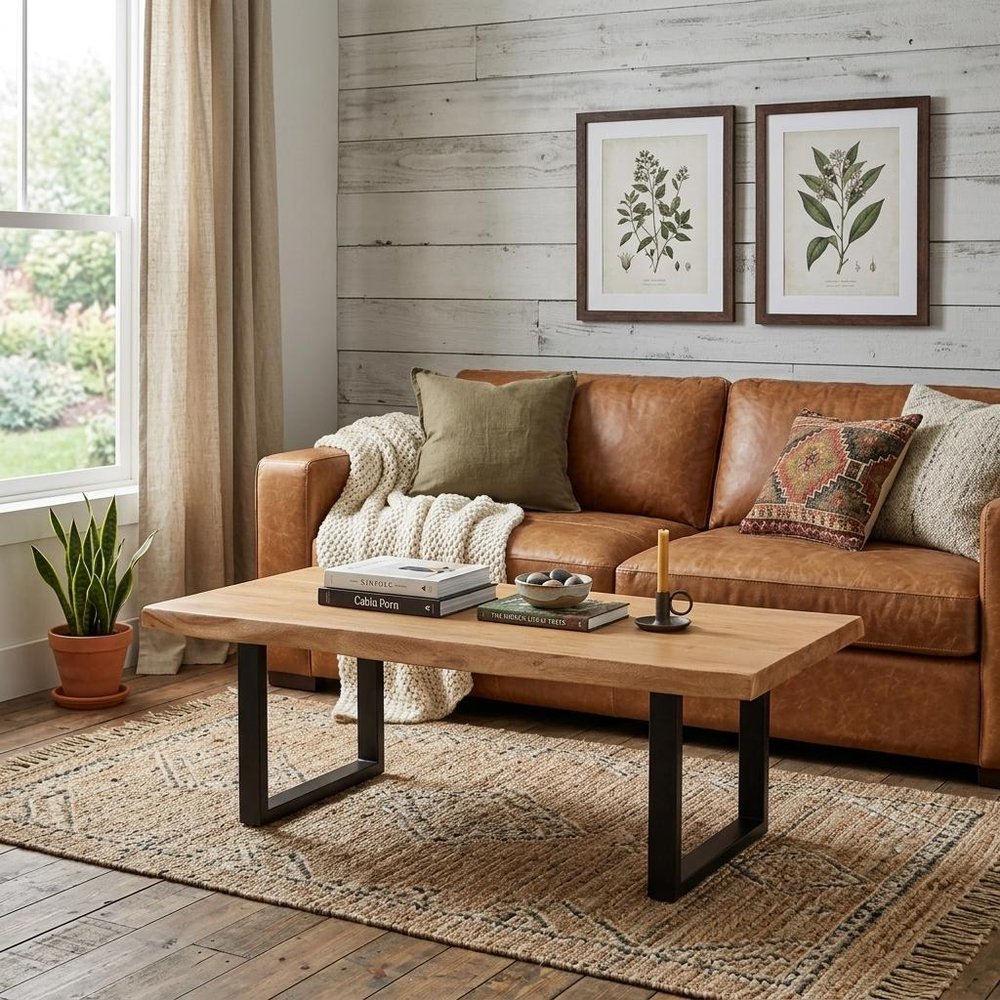 59" Natural And Black Solid Wood And Iron Live Edge Coffee Table styled in a furnished interior with a light gray wall on a dark wood floor.