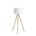 Gold Metal Adjustable Tripod Floor Lamp With White Linen Drum Shade on a white background