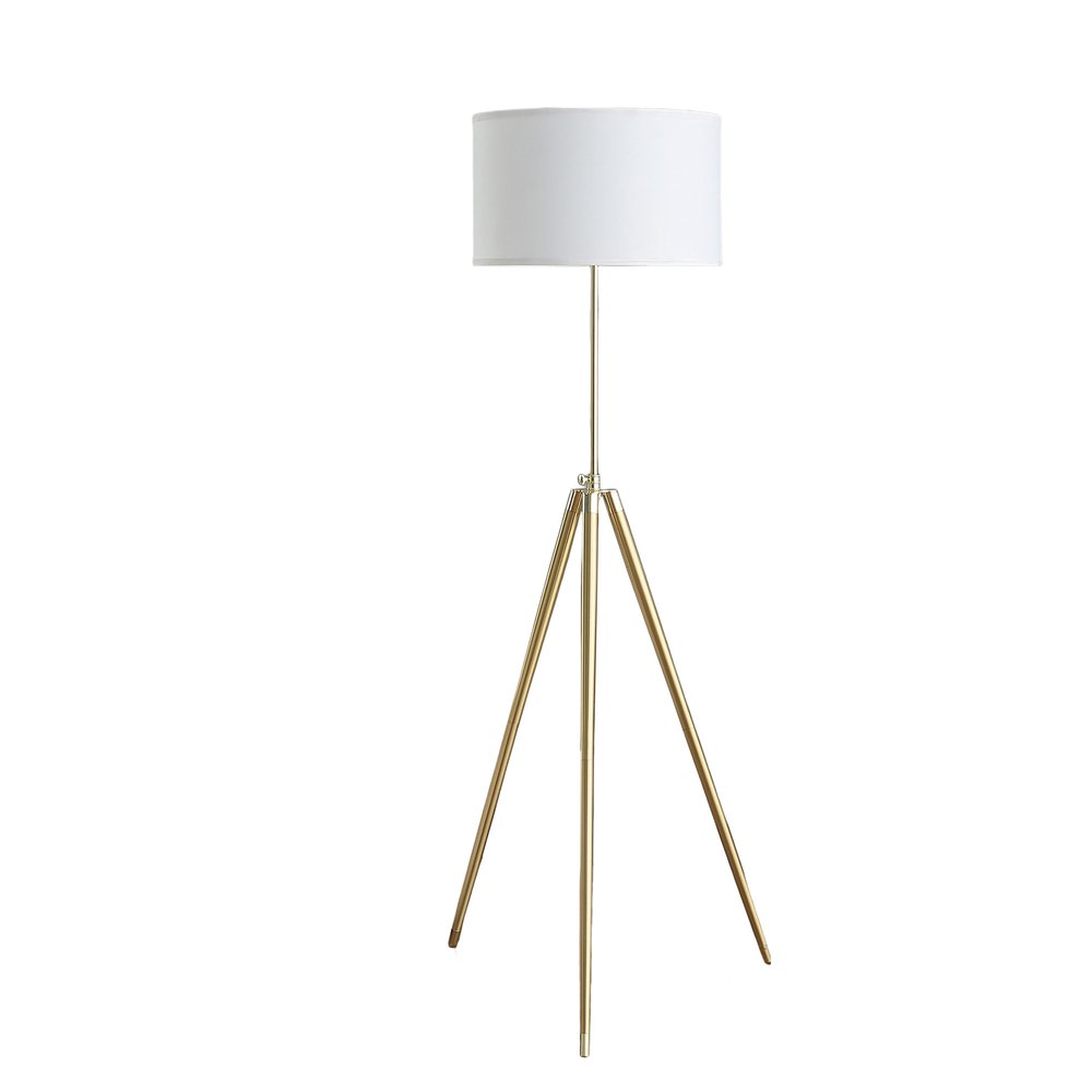 Gold Metal Adjustable Tripod Floor Lamp With White Linen Drum Shade on a white background