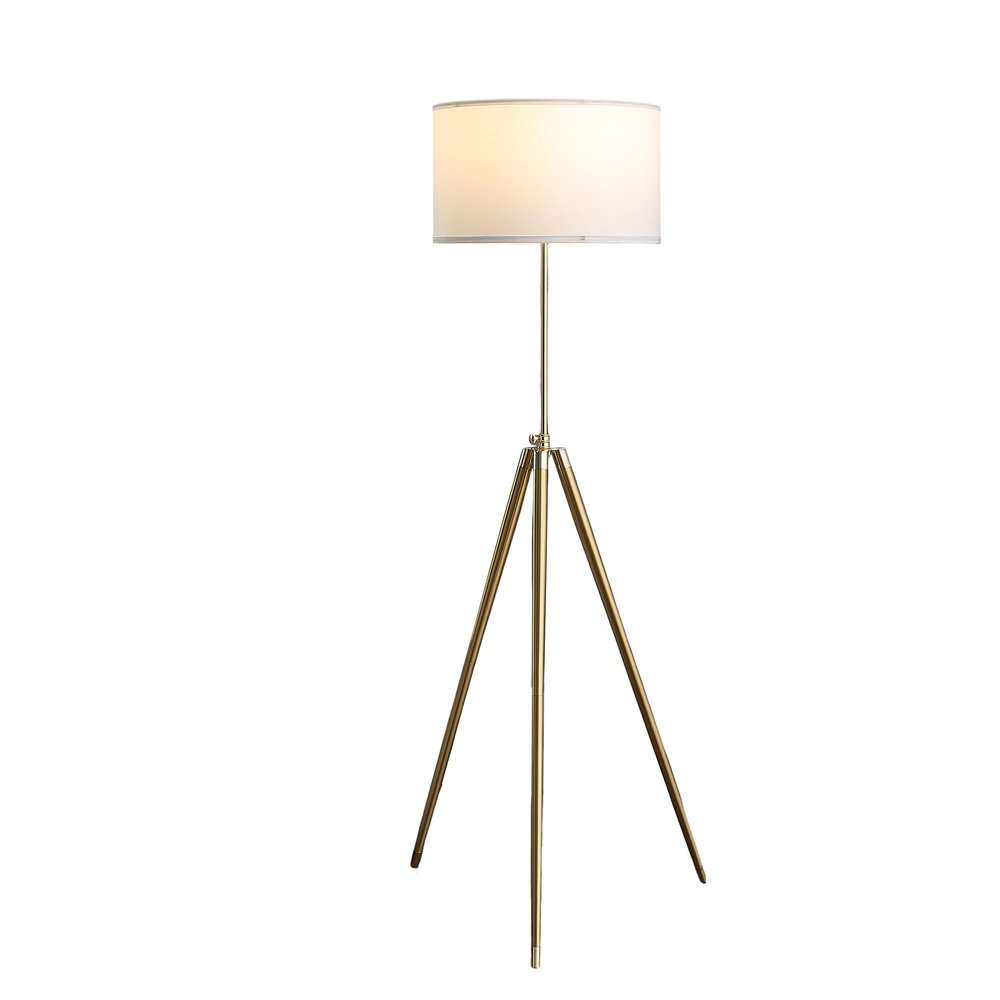 Gold Metal Adjustable Tripod Floor Lamp With White Linen Drum Shade on a white background