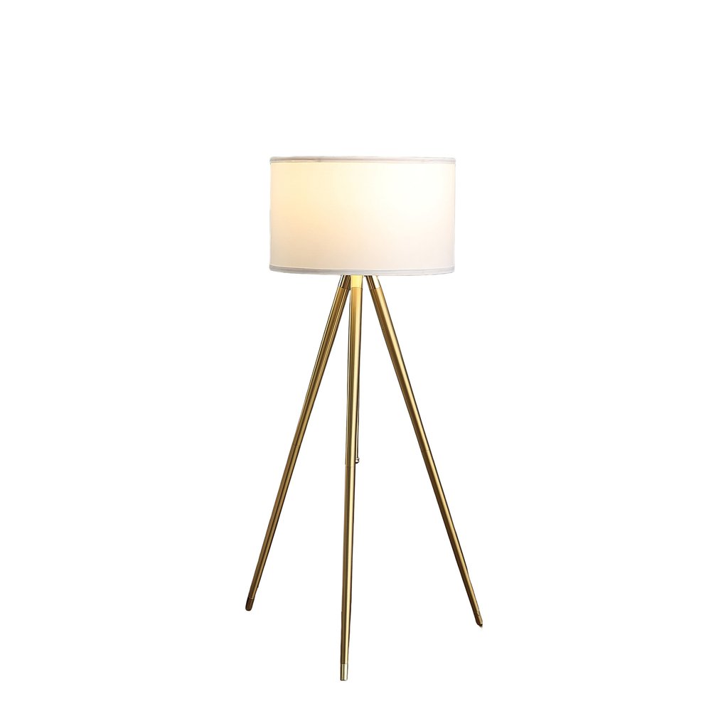 Gold Metal Adjustable Tripod Floor Lamp With White Linen Drum Shade on a white background