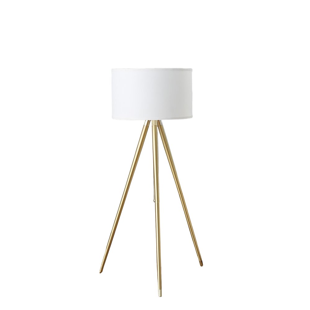 Gold Metal Adjustable Tripod Floor Lamp With White Linen Drum Shade on a white background