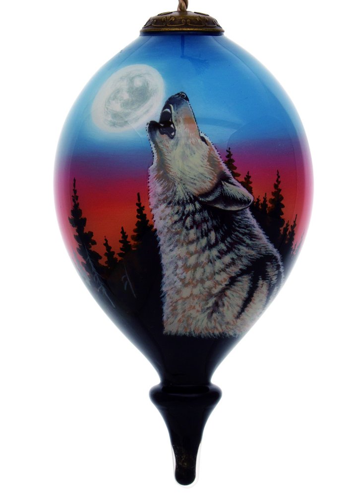 Wolf Hand Painted Black Blue And Gray Glass Finial Ornament