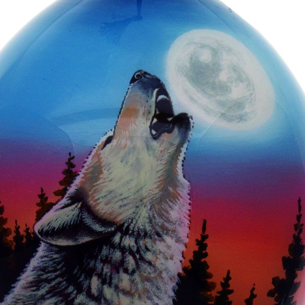 Wolf Hand Painted Black Blue And Gray Glass Finial Ornament