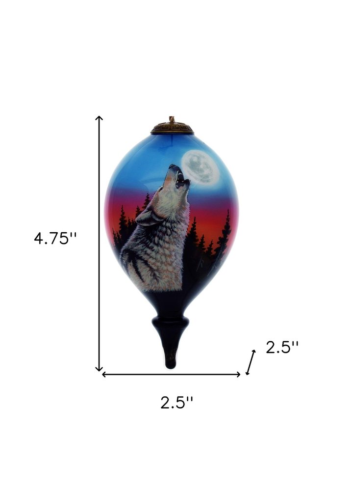Wolf Hand Painted Black Blue And Gray Glass Finial Ornament
