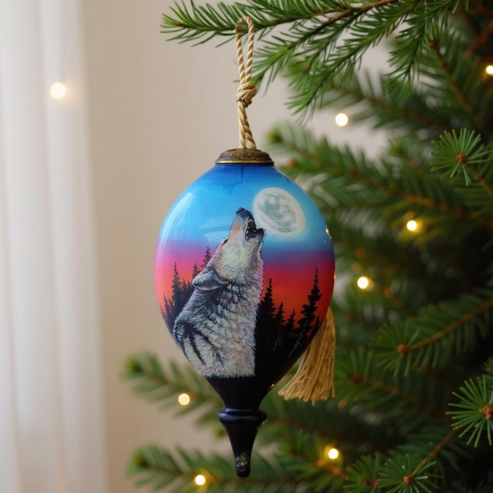 Wolf Hand Painted Black Blue And Gray Glass Finial Ornament