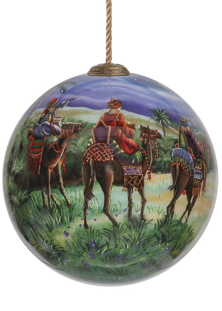 We Three Kings Hand Painted Teal Blue Green And Brown Glass Ball Ornament