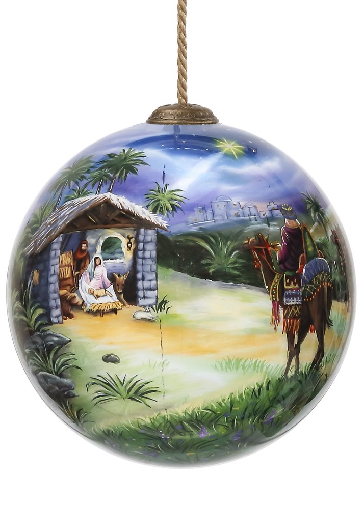 We Three Kings Hand Painted Teal Blue Green And Brown Glass Ball Ornament
