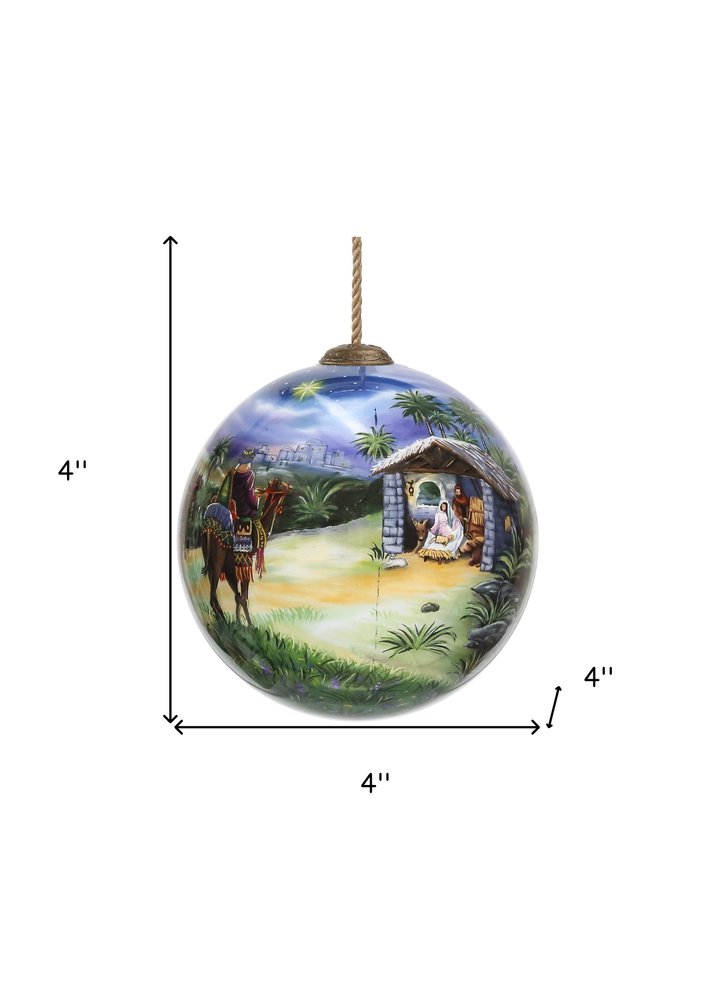 We Three Kings Hand Painted Teal Blue Green And Brown Glass Ball Ornament