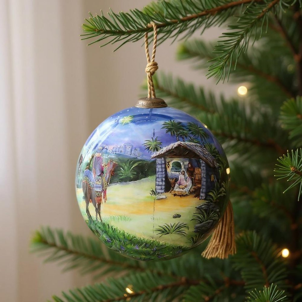 We Three Kings Hand Painted Teal Blue Green And Brown Glass Ball Ornament