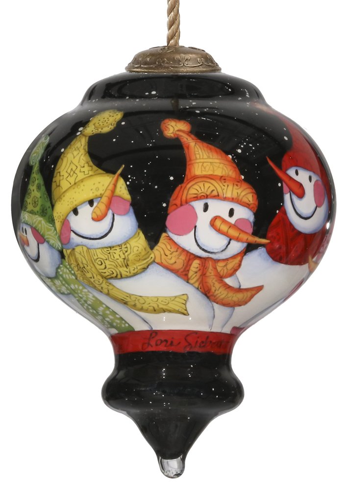Black glass finial ornament with hand-painted snowmen wearing colorful hats and scarves against a starry night background.