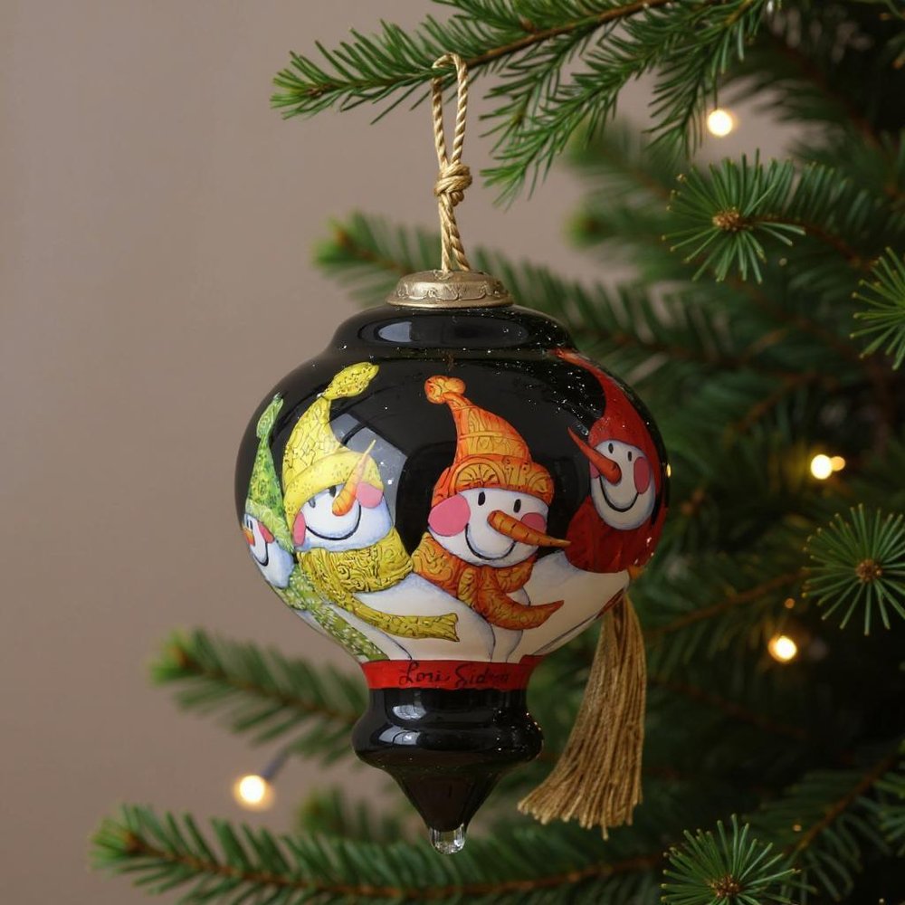 Together Snowman Hand Painted Black Yellow And Red Glass Finial Ornament