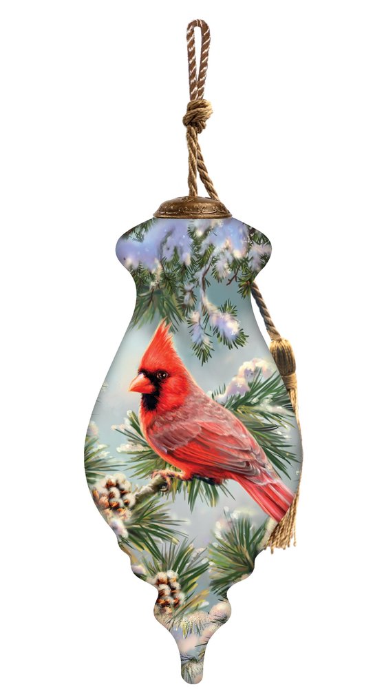 Hand-painted glass finial ornament featuring a red cardinal on a snowy pine branch, with a rope hanger and tassel.