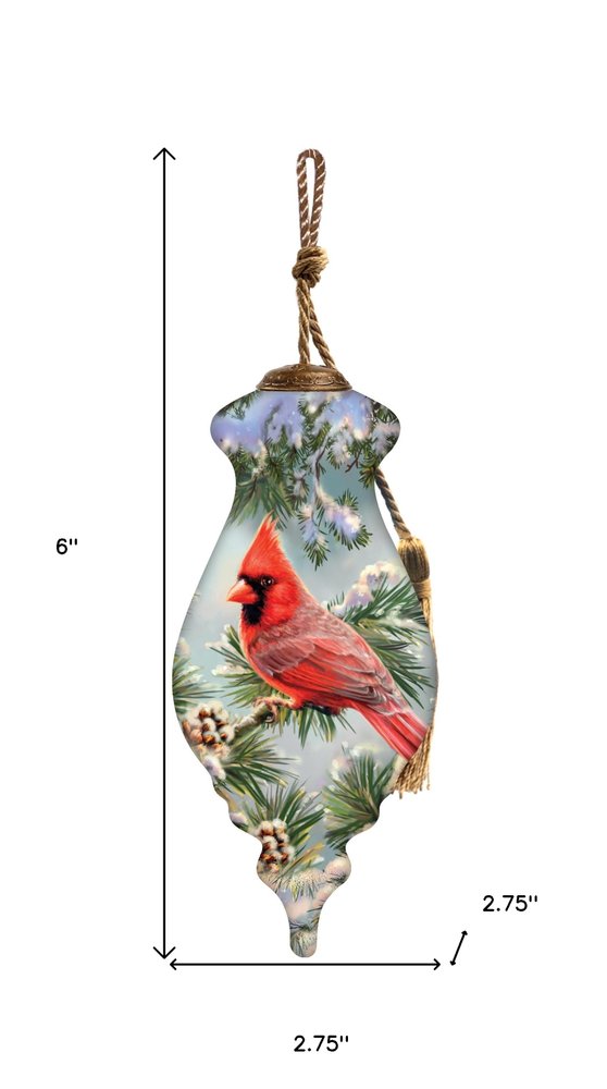 Snowy Pine Cardina Hand Painted Red And Green Glass Finial Ornament
