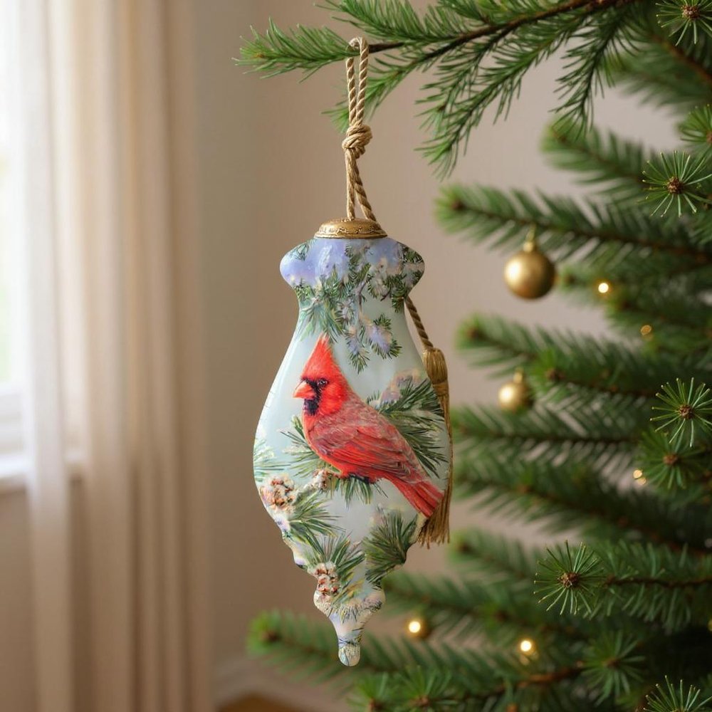 Snowy Pine Cardina Hand Painted Red And Green Glass Finial Ornament