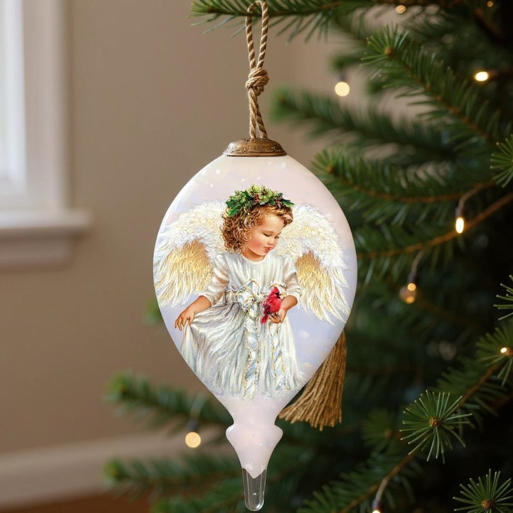 Winter Angel Hand Painted White And Gold Glass Finial Ornament