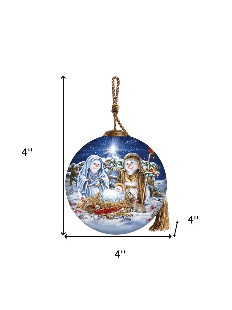 Snow Family Nativity Hand Painted Blue White And Red Glass Ball Ornament
