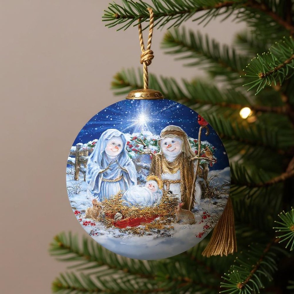 Snow Family Nativity Hand Painted Blue White And Red Glass Ball Ornament
