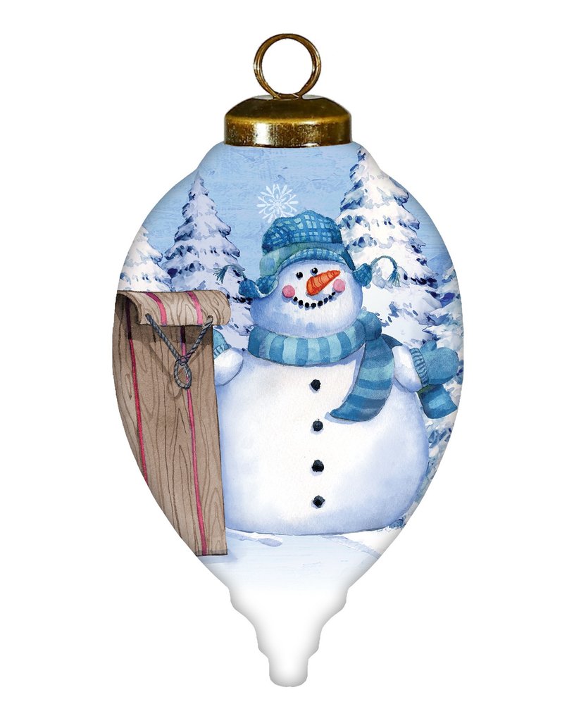 Sled Snowman Hand Painted White Blue And Brown Glass Finial Ornament