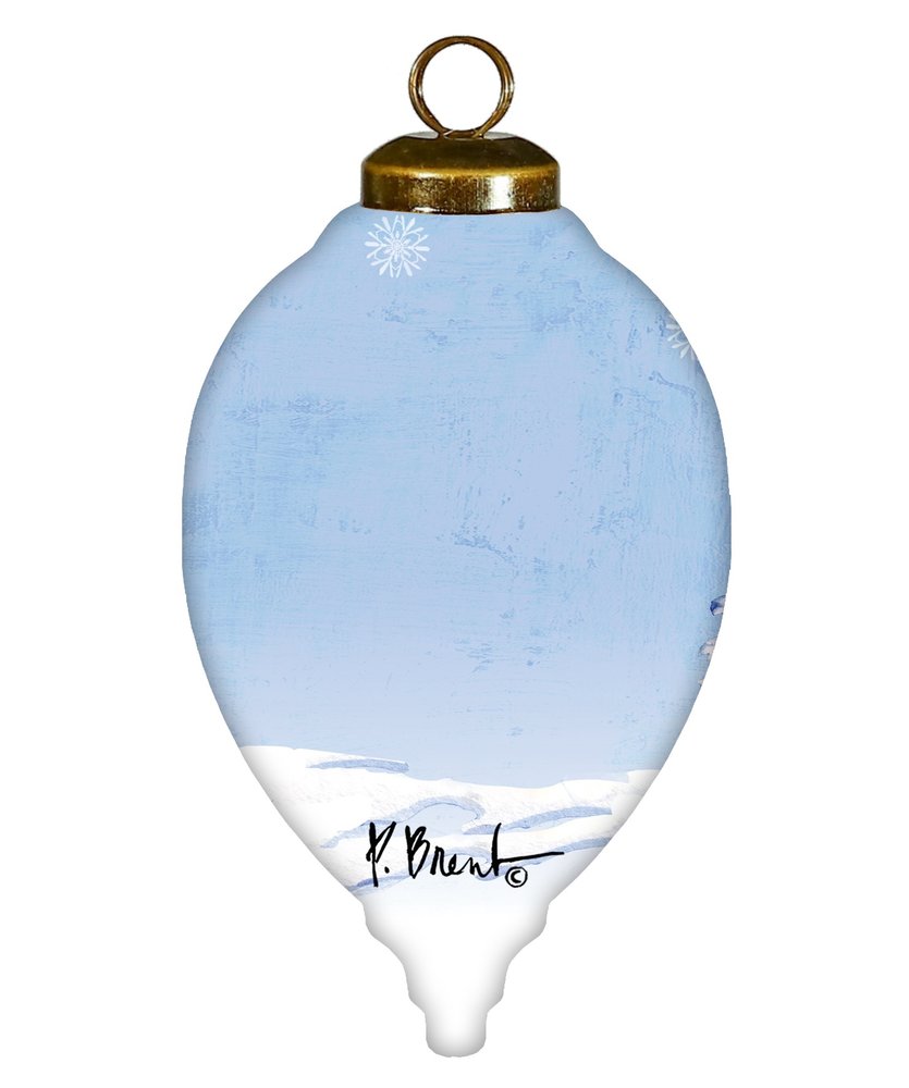 Sled Snowman Hand Painted White Blue And Brown Glass Finial Ornament