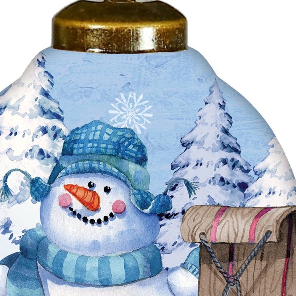 Sled Snowman Hand Painted White Blue And Brown Glass Finial Ornament