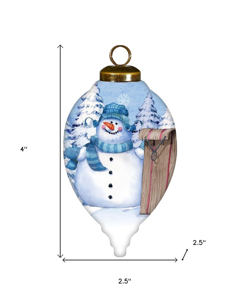 Sled Snowman Hand Painted White Blue And Brown Glass Finial Ornament