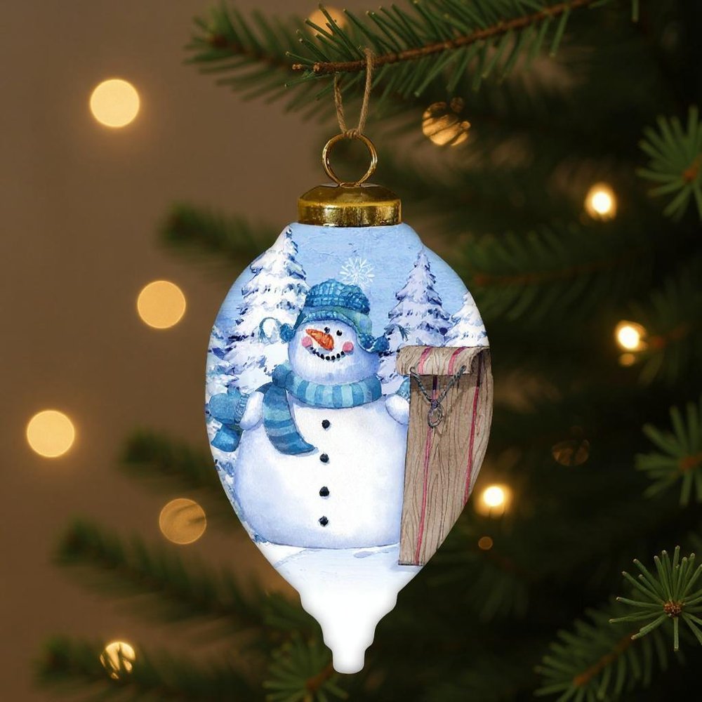 Sled Snowman Hand Painted White Blue And Brown Glass Finial Ornament