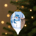 Sled Snowman Hand Painted White Blue And Brown Glass Finial Ornament