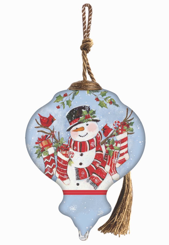 Hand-painted glass finial ornament with a snowman, red cardinals, stockings, and gifts on a light blue background.