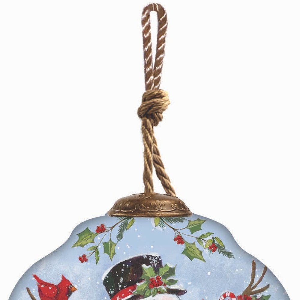 Snowman with Stockings Hand Painted Blue White And Red Glass Finial Ornament