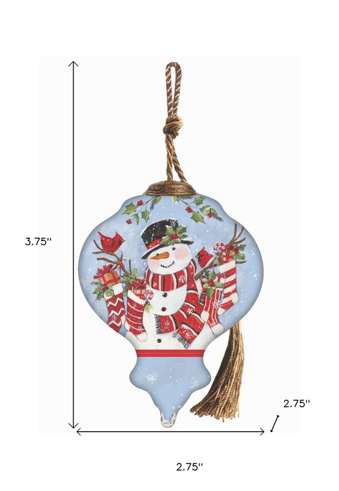 Snowman with Stockings Hand Painted Blue White And Red Glass Finial Ornament
