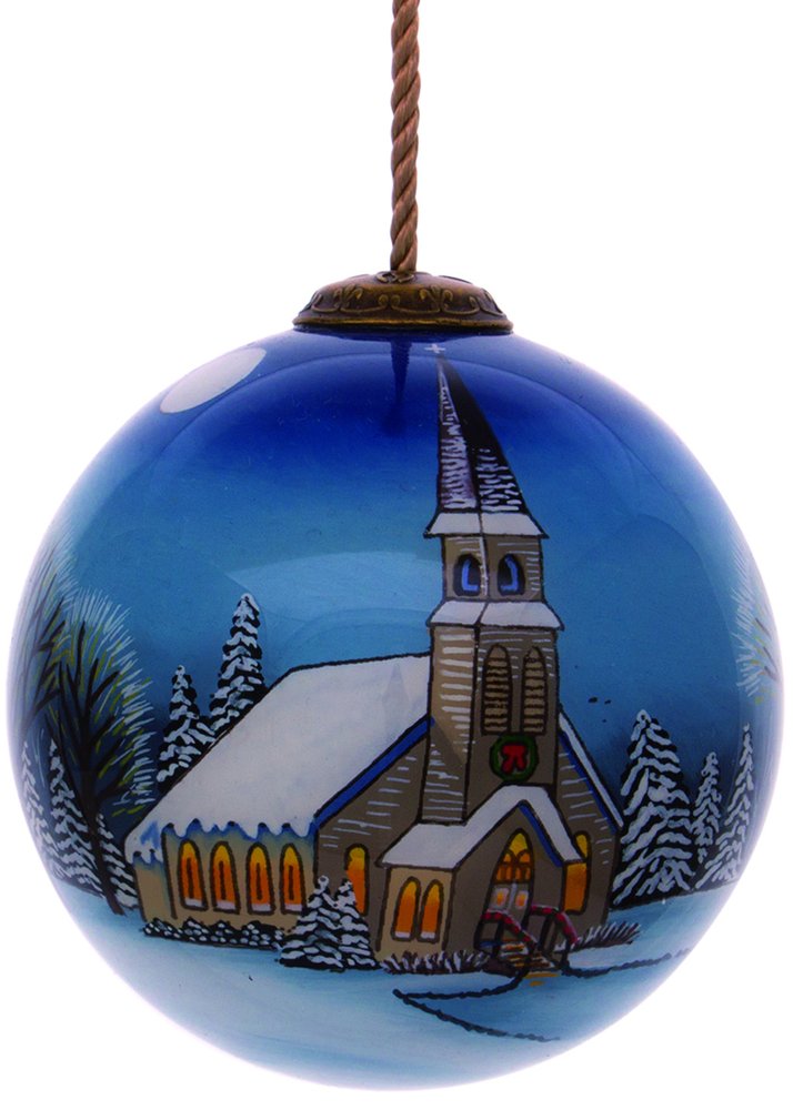 Hand-painted glass Christmas ornament depicting a snowy church scene with a blue and white background.