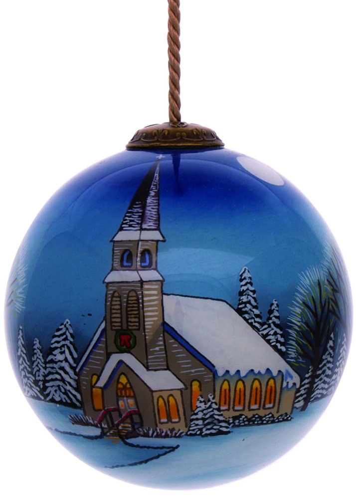 Snowy Church Christmas Hand Painted Blue And White Glass Ball Ornament