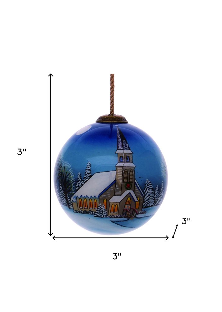 Snowy Church Christmas Hand Painted Blue And White Glass Ball Ornament