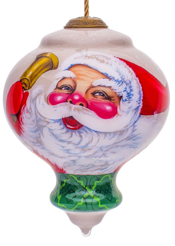 Hand-painted glass finial ornament featuring Santa Claus with a red hat and white beard, on a white background.