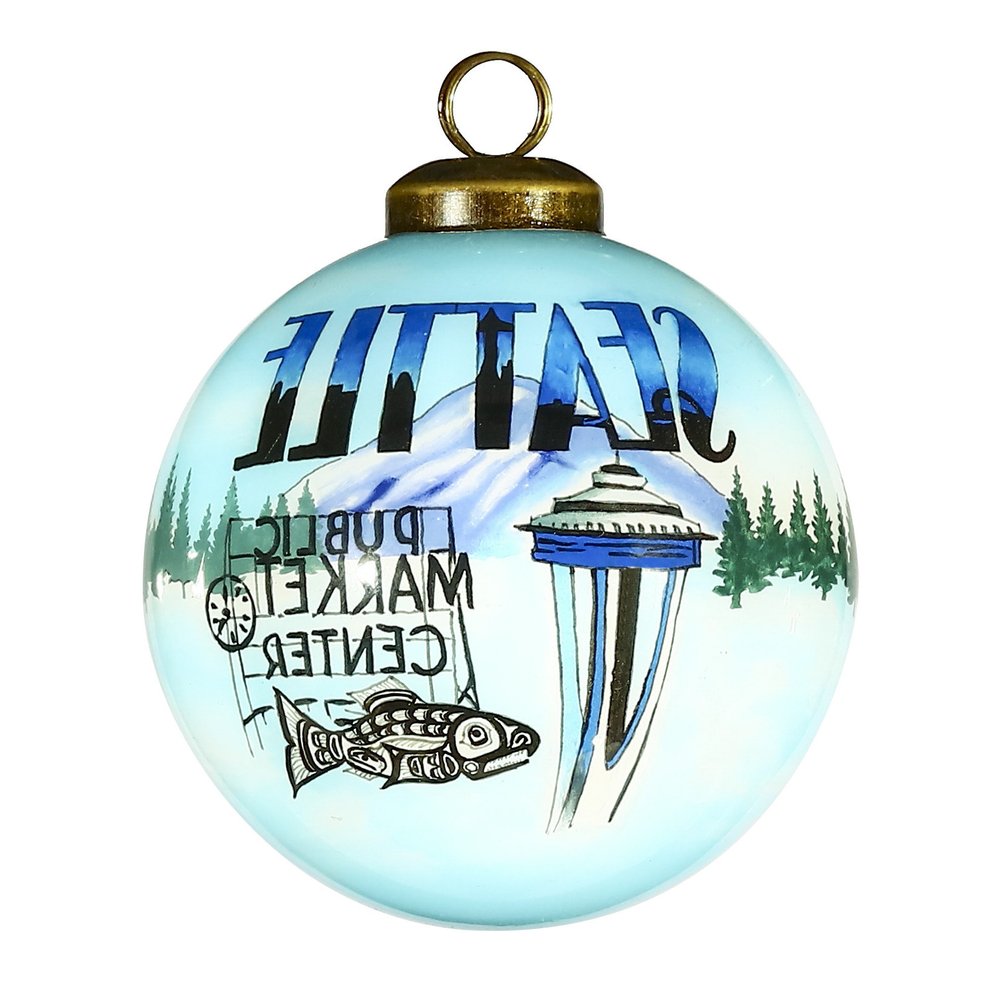 Seattle Hand Painted Blue Green And Black Glass Ball Ornament