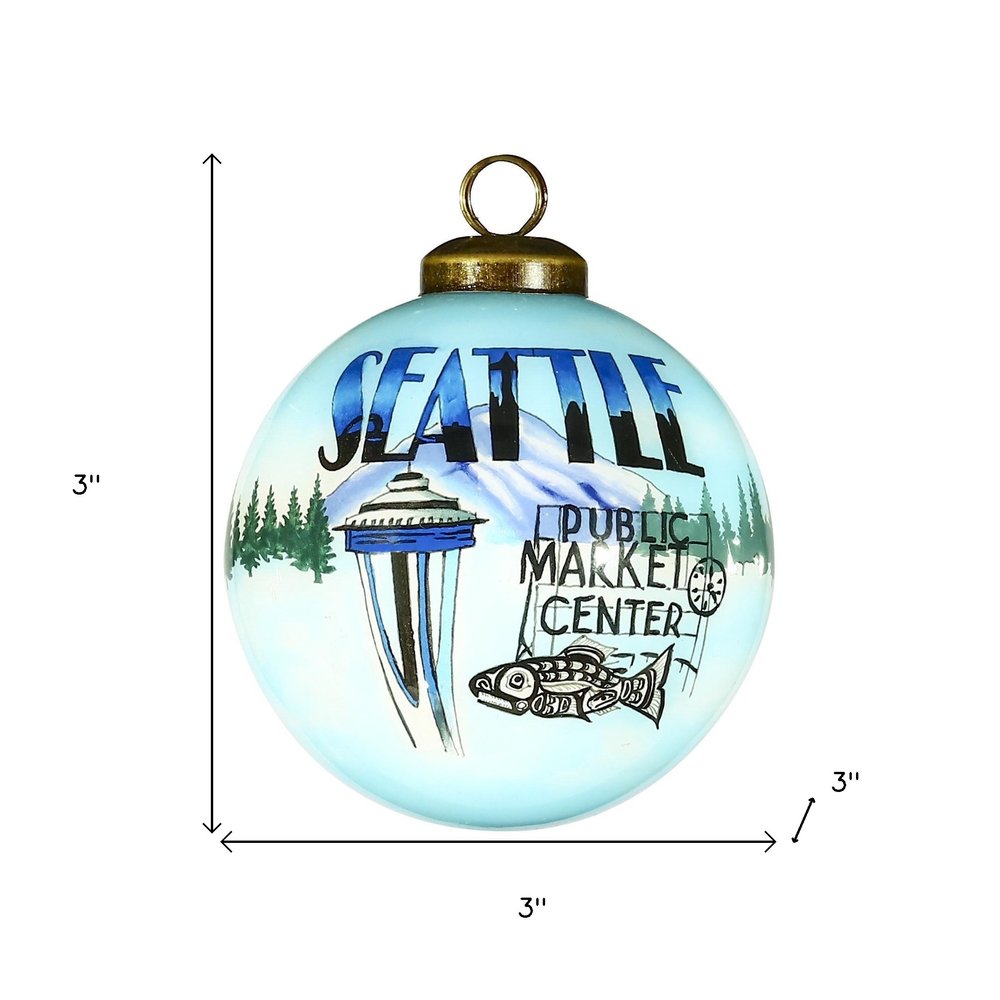 Seattle Hand Painted Blue Green And Black Glass Ball Ornament