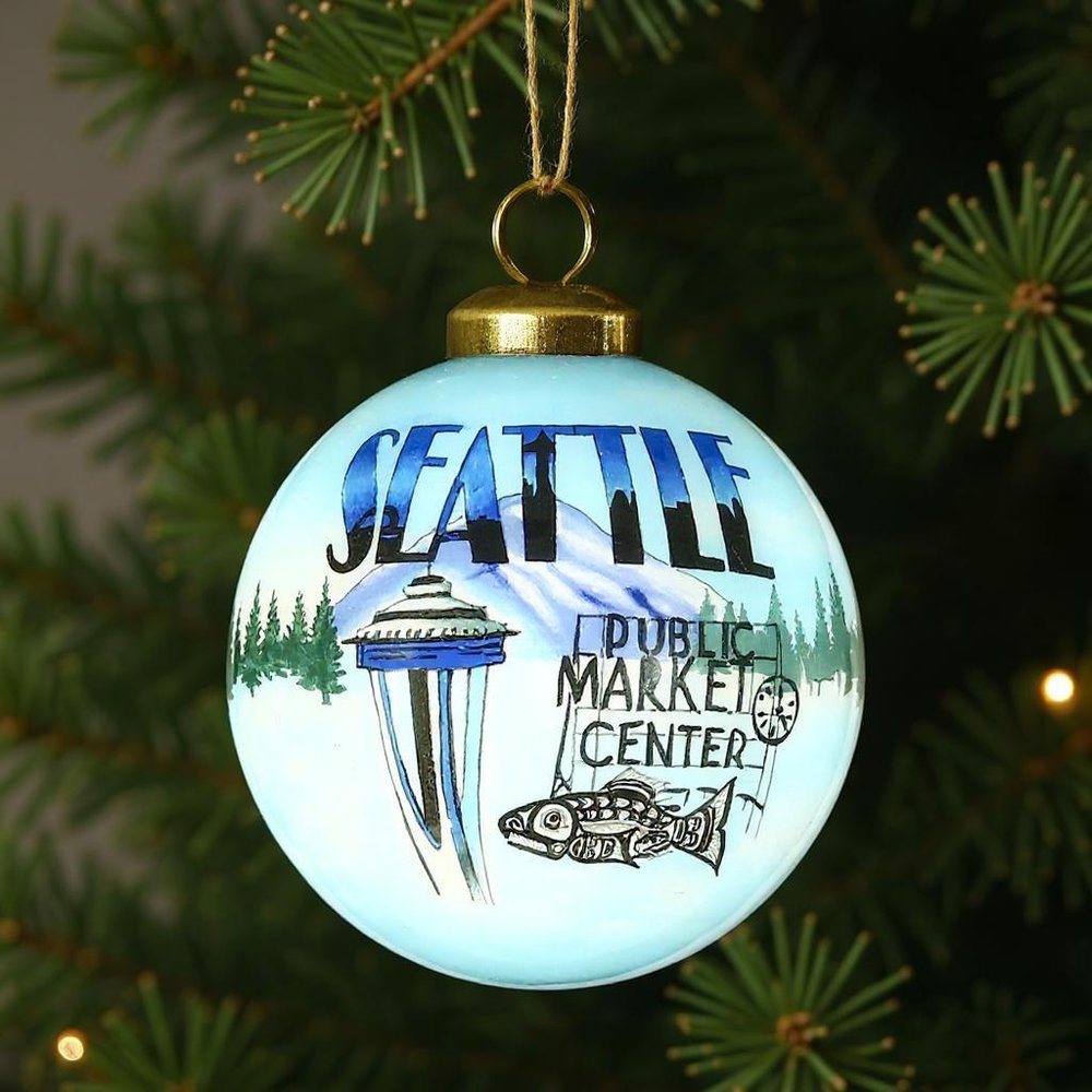 Seattle Hand Painted Blue Green And Black Glass Ball Ornament