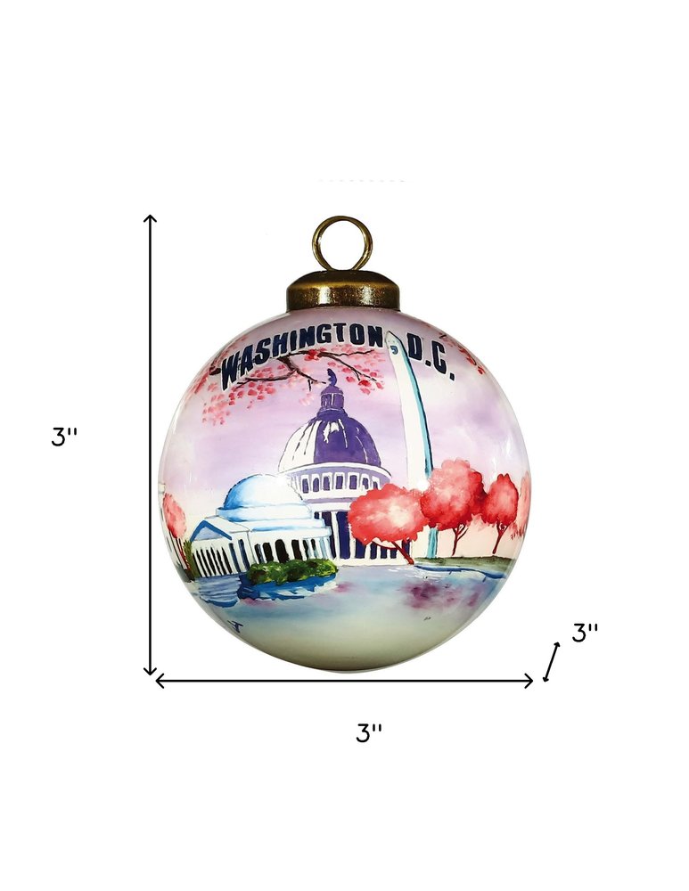 Washington DC Hand Painted Pink Purple And Blue Glass Ball Ornament
