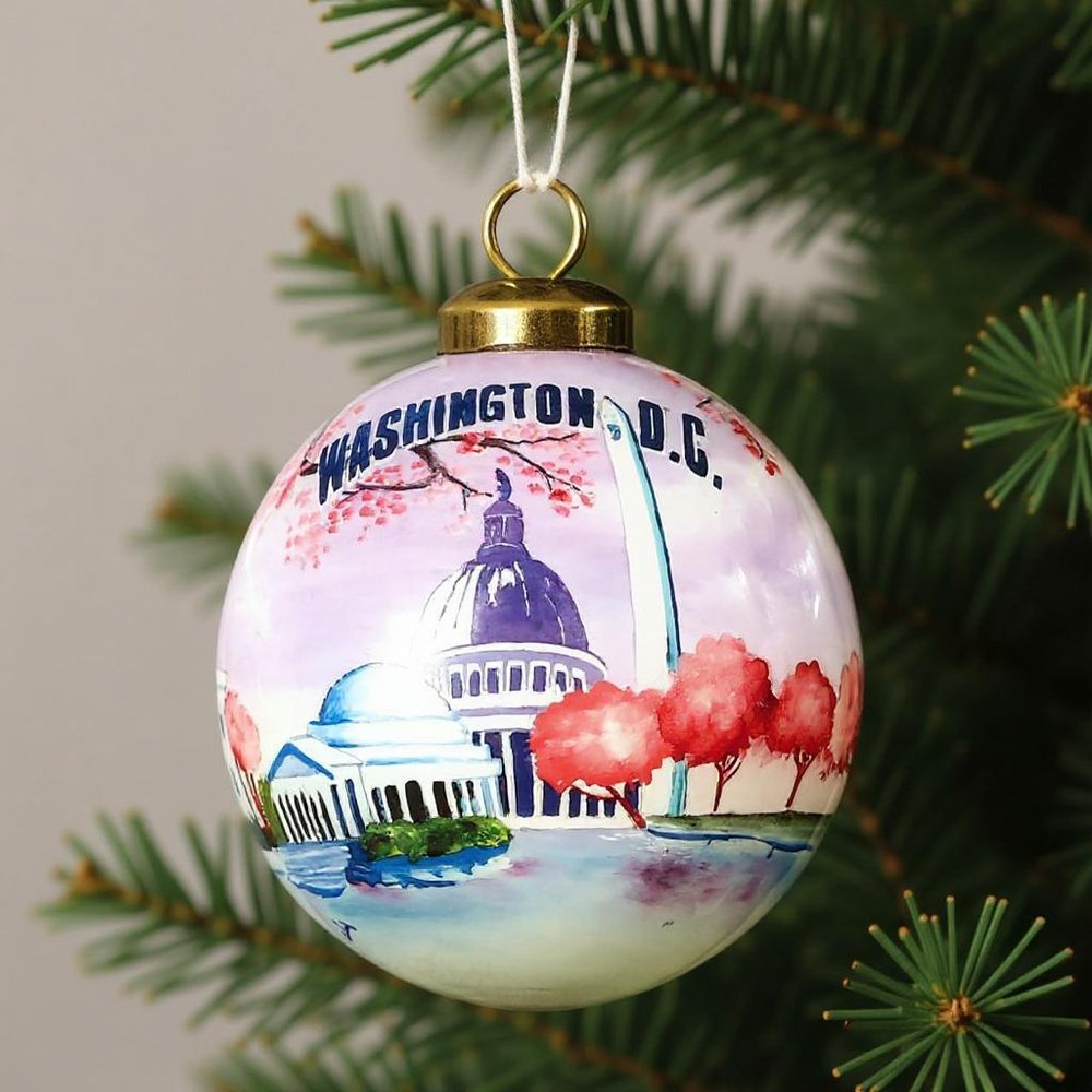 Washington DC Hand Painted Pink Purple And Blue Glass Ball Ornament