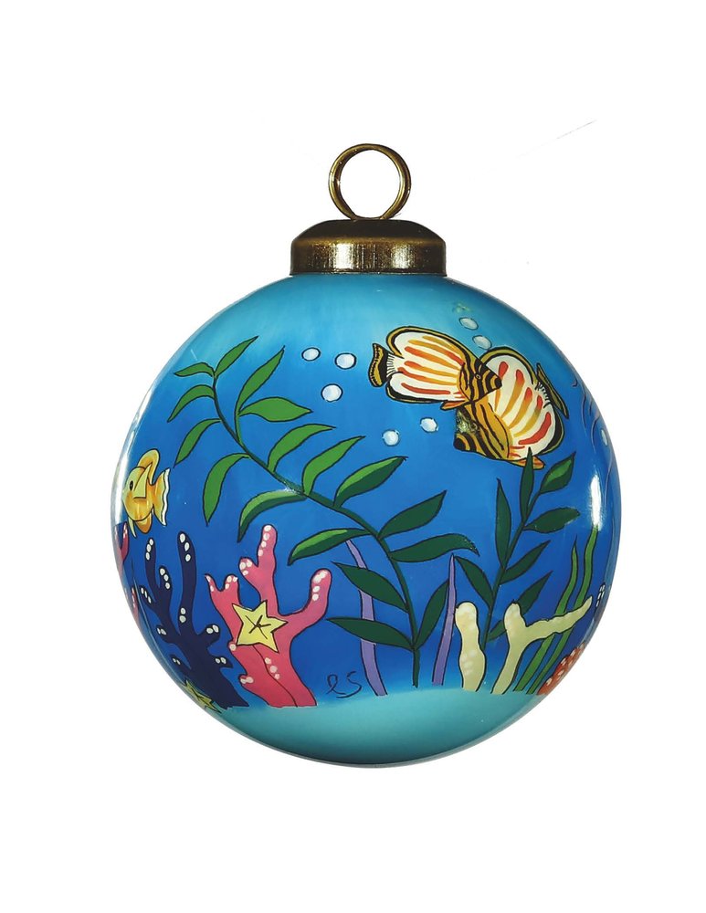 Tropical Fish Hand Painted Green Blue And Red Glass Ball Ornament