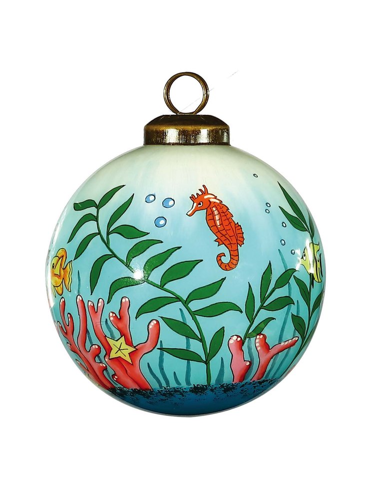 Sea Turtle Hand Painted Green Red And Blue Glass Ball Ornament