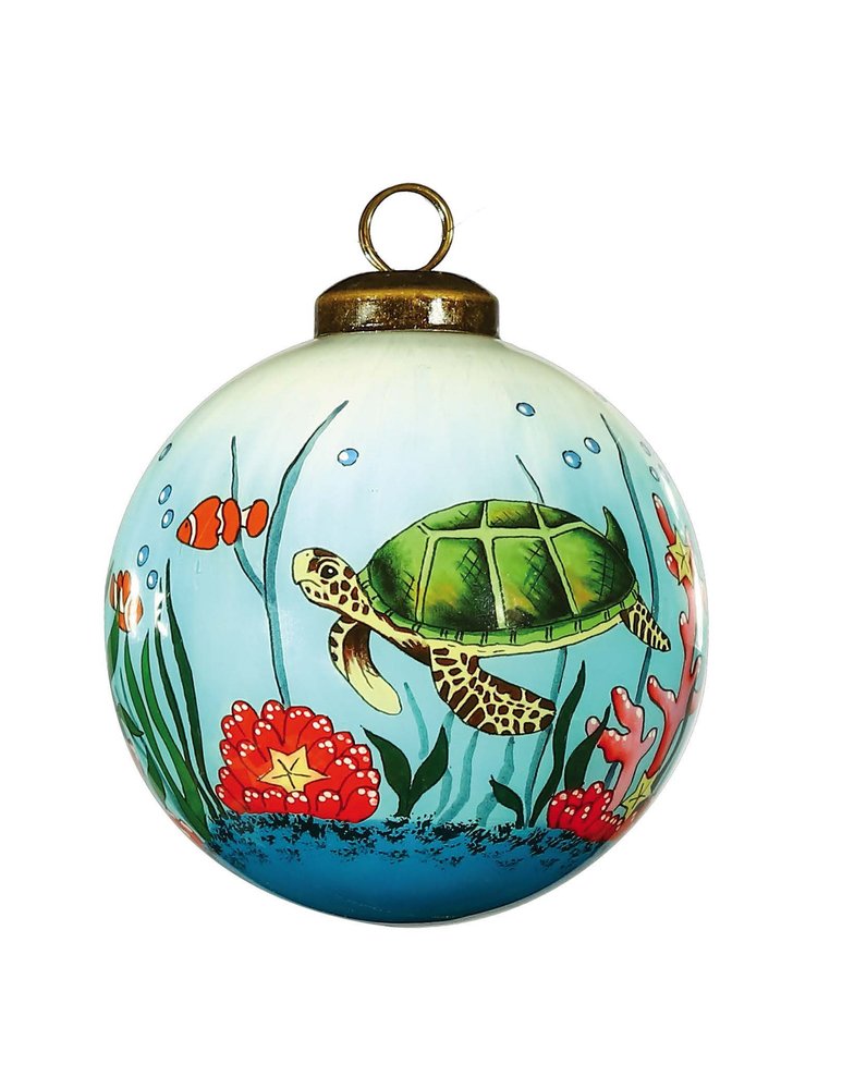 Sea Turtle Hand Painted Green Red And Blue Glass Ball Ornament