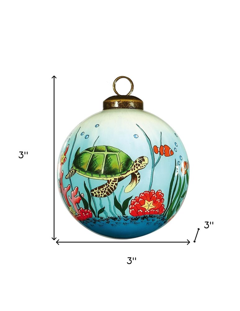 Sea Turtle Hand Painted Green Red And Blue Glass Ball Ornament