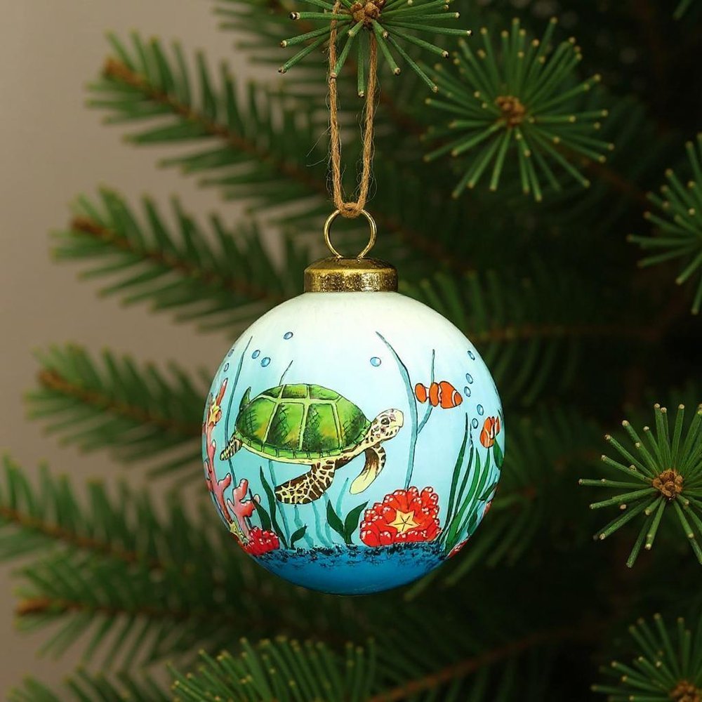 Sea Turtle Hand Painted Green Red And Blue Glass Ball Ornament