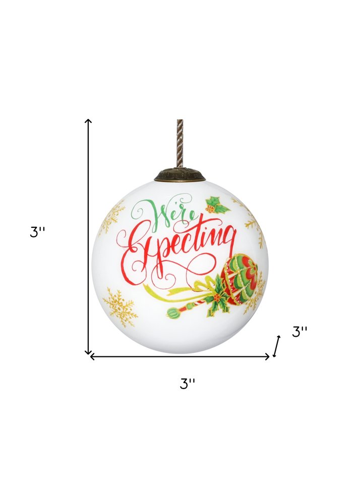 We are Expecting Hand Painted White Red And Gold Glass Ball Ornament