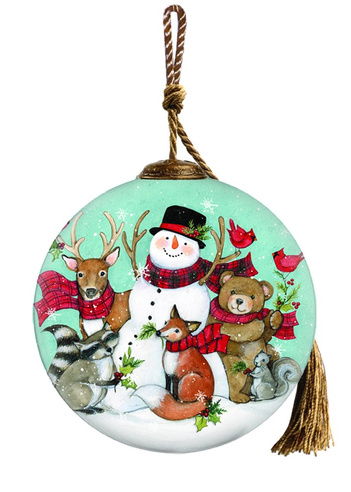 Hand-painted glass Christmas ornament with a snowman, deer, bear, fox, raccoon, squirrel, and birds on a light green background.