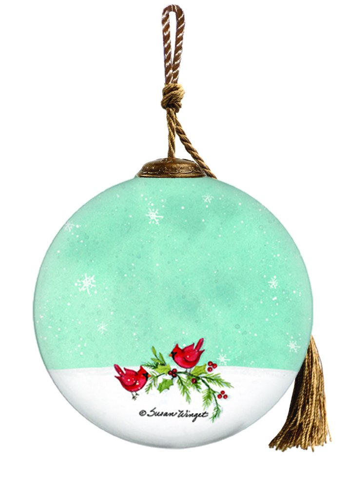 Snowman and Forest Animal Hand Painted Green Brown And White Glass Ball Ornament