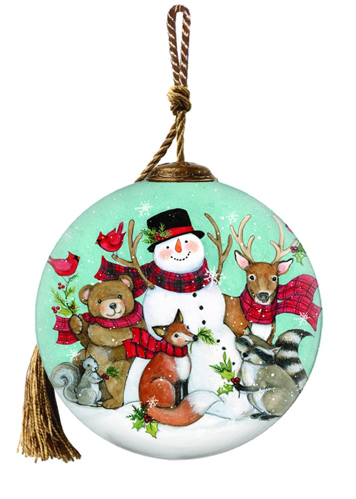 Snowman and Forest Animal Hand Painted Green Brown And White Glass Ball Ornament