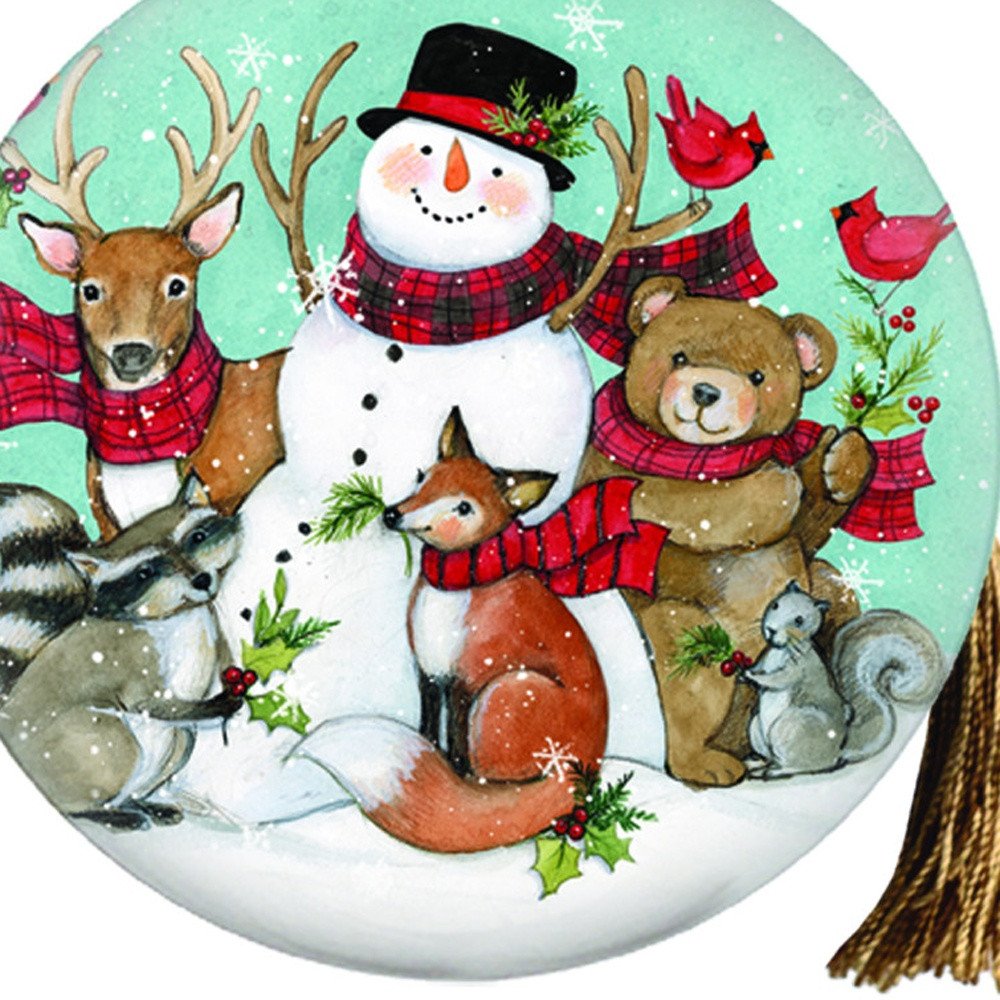 Snowman and Forest Animal Hand Painted Green Brown And White Glass Ball Ornament